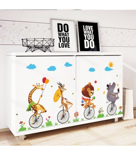 WST077 - Cartoon animal stepping bicycle wall sticker